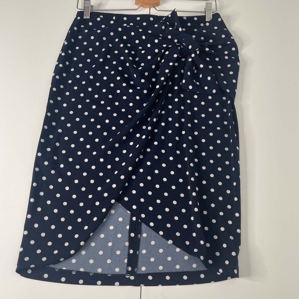 Dynamite Navy Polka Dot Wrap Midi Pencil Skirt with Tie Detail – Size M